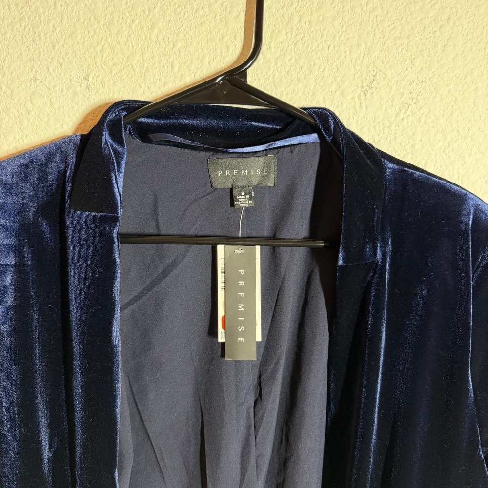 Premise Velvet Blazer Jacket Womens 8 Navy Blue Pockets Long‎ Sleeve Open Front - Picture 5 of 10